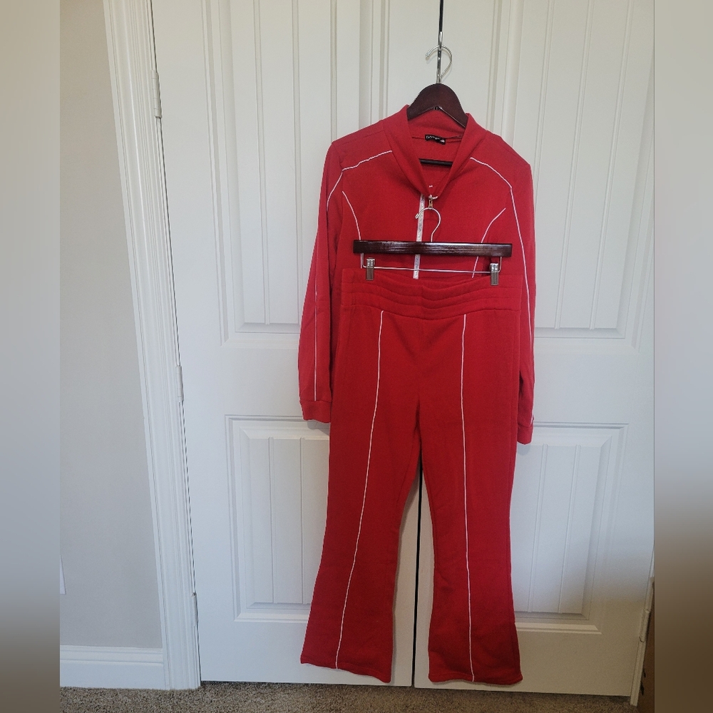 Fashion Nova Red Two-Piece Track Set with White Piping